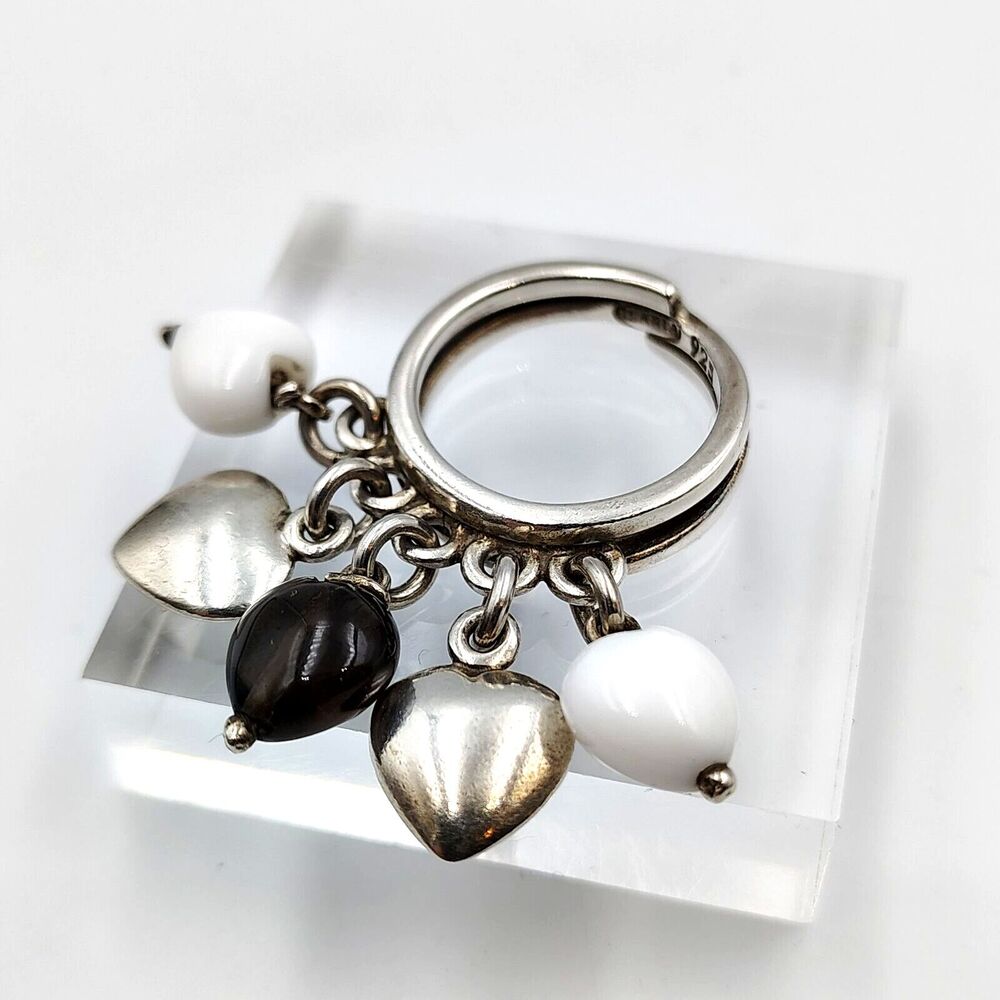 Vintage Ilaria Sterling Silver 925 Heart Smoky & Milk Glass Charm Ring Sz 6.5